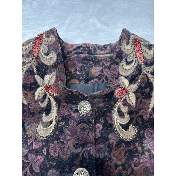 Boho Velvet Embroidered Paisley Tunic Jacket Beaded Collar Zip Pockets SZ M - Picture 2 of 12